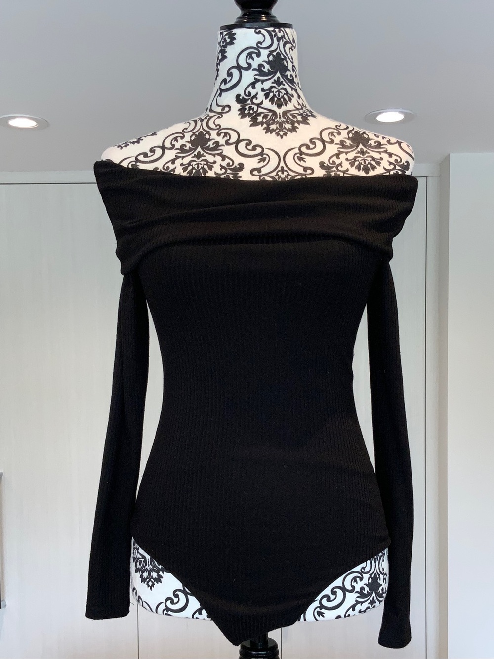 AFRM Black Off-the-Shoulder Ribbed Sweater Bodysuit
